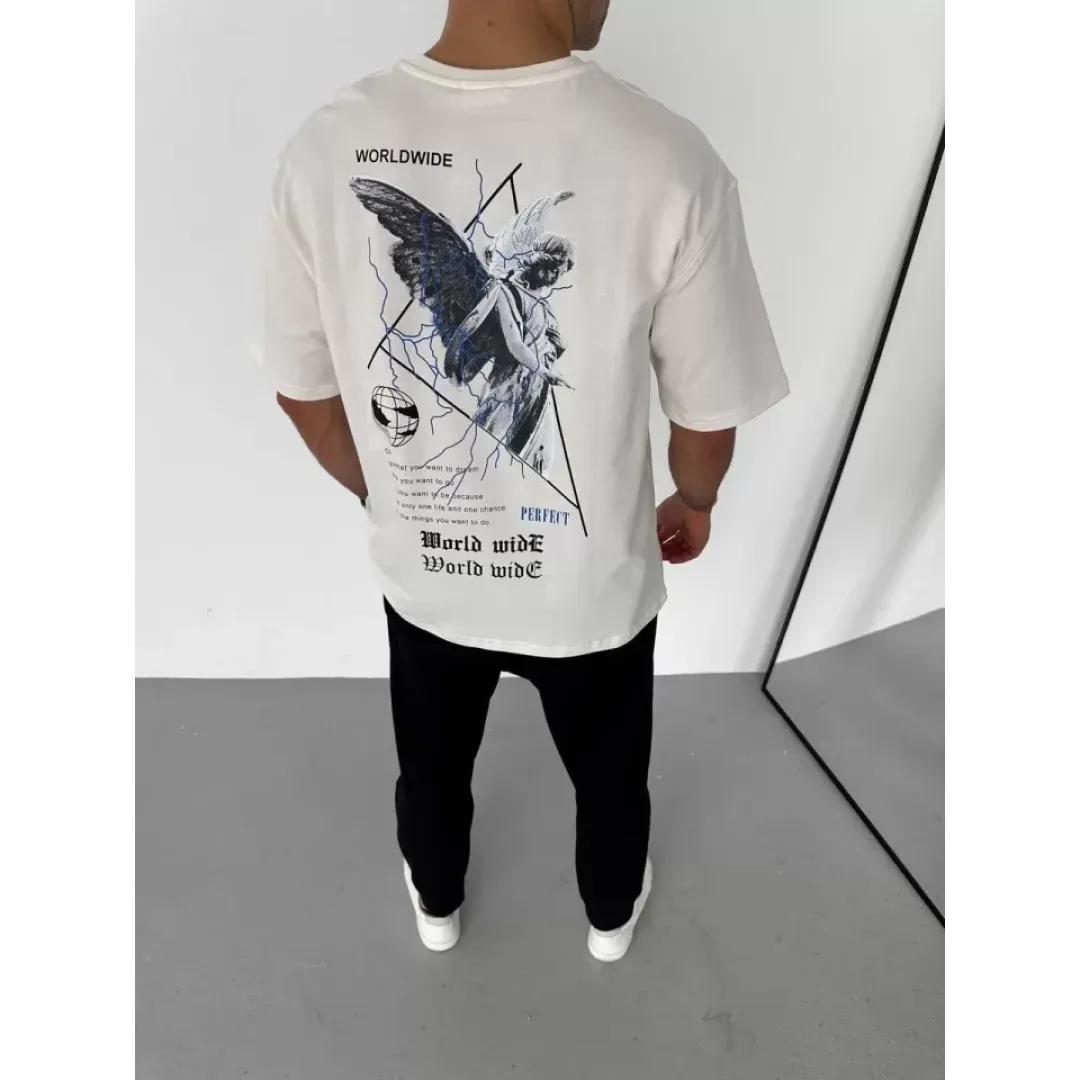 Unisex Bisiklet Yaka Baskılı Oversize T-Shirt - Beyaz - 106743 Unisex Bisiklet Yaka Baskılı Oversize T-Shirt - Beyaz - 106743
