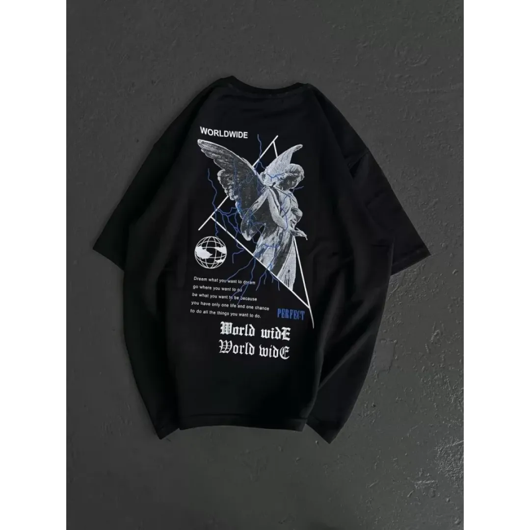 Unisex Bisiklet Yaka Baskılı Oversize T-Shirt - Siyah - 106744 Unisex Bisiklet Yaka Baskılı Oversize T-Shirt - Siyah - 106744