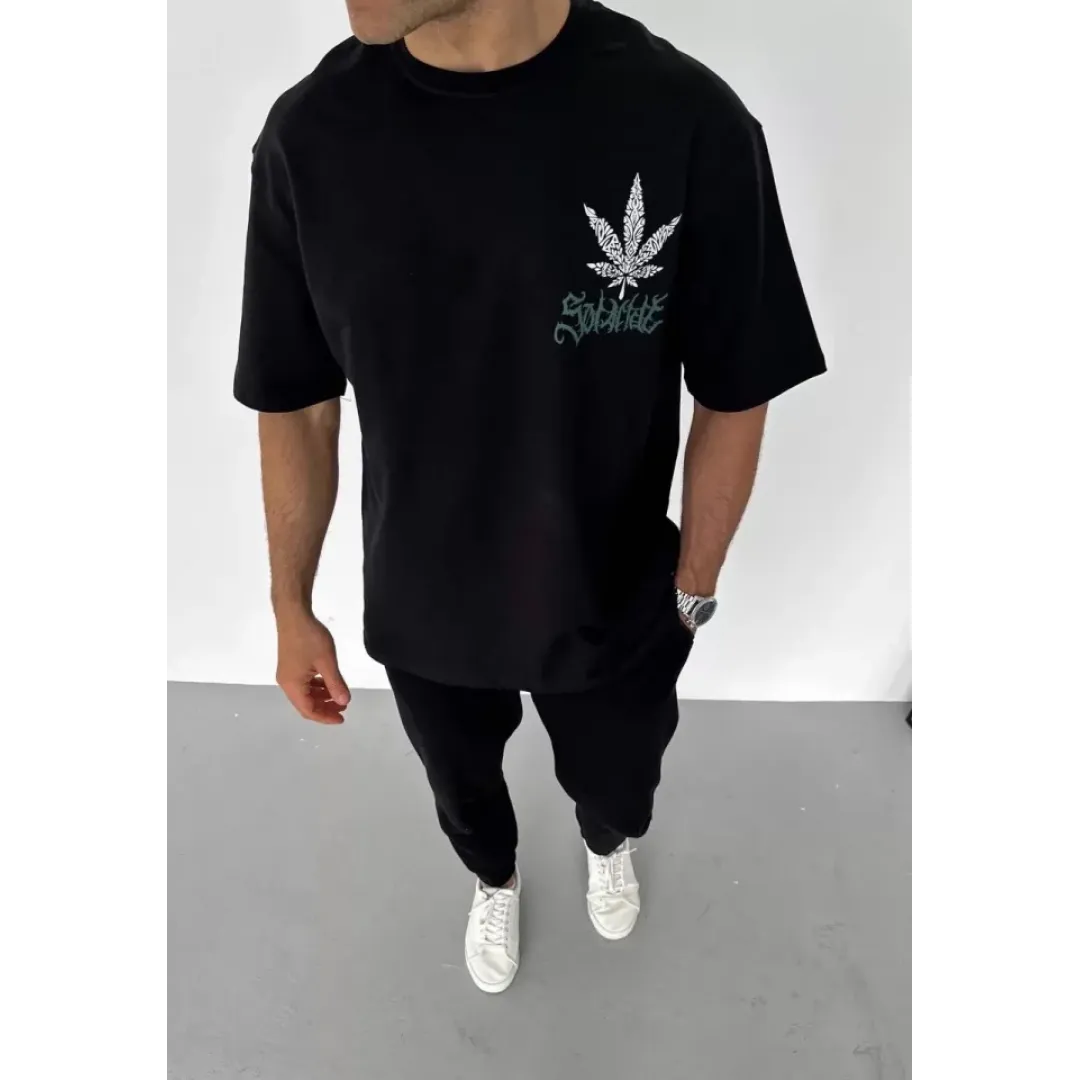 Unisex Bisiklet Yaka Baskılı Oversize T-Shirt - Siyah - 106752 Unisex Bisiklet Yaka Baskılı Oversize T-Shirt - Siyah - 106752