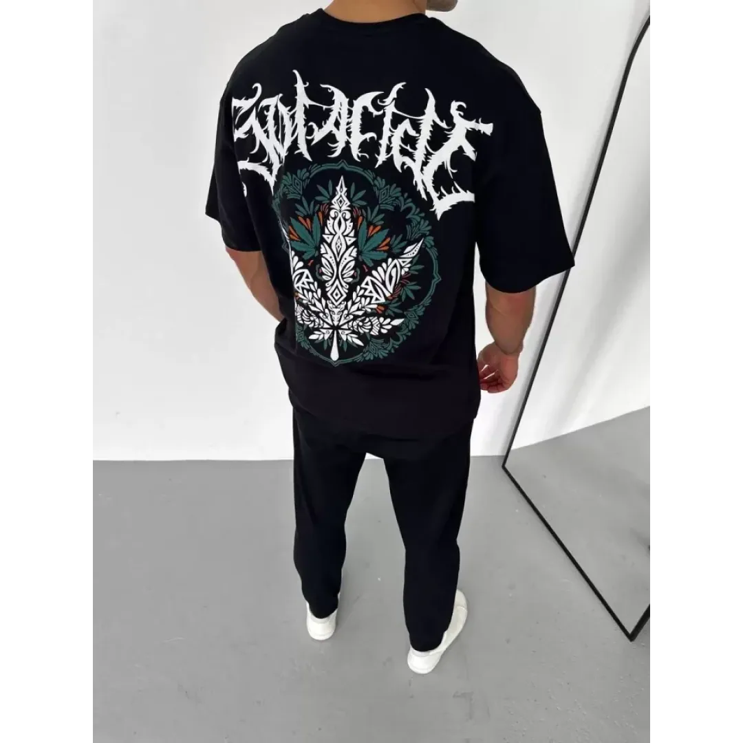 Unisex Bisiklet Yaka Baskılı Oversize T-Shirt - Siyah - 106752 Unisex Bisiklet Yaka Baskılı Oversize T-Shirt - Siyah - 106752
