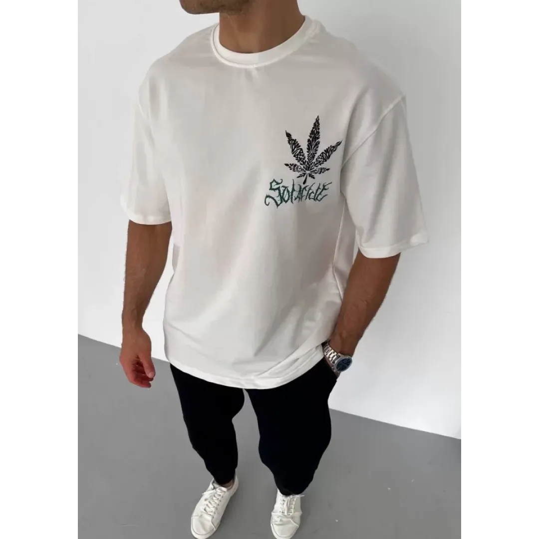 Unisex Bisiklet Yaka Baskılı Oversize T-Shirt - Beyaz - 106753