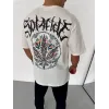 Unisex Bisiklet Yaka Baskılı Oversize T-Shirt - Beyaz - 106753