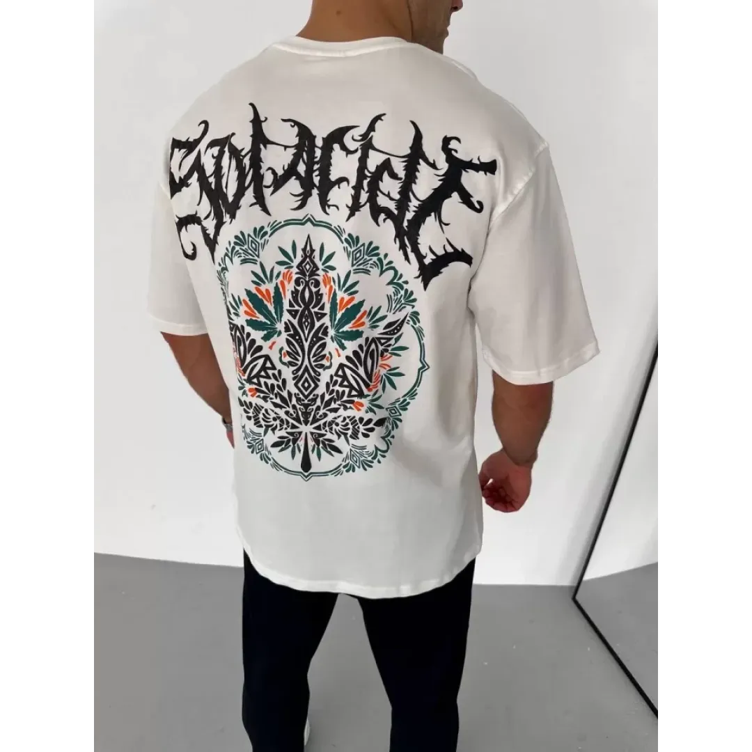 Unisex Bisiklet Yaka Baskılı Oversize T-Shirt - Beyaz - 106753