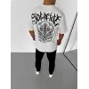 Unisex Bisiklet Yaka Baskılı Oversize T-Shirt - Beyaz - 106753