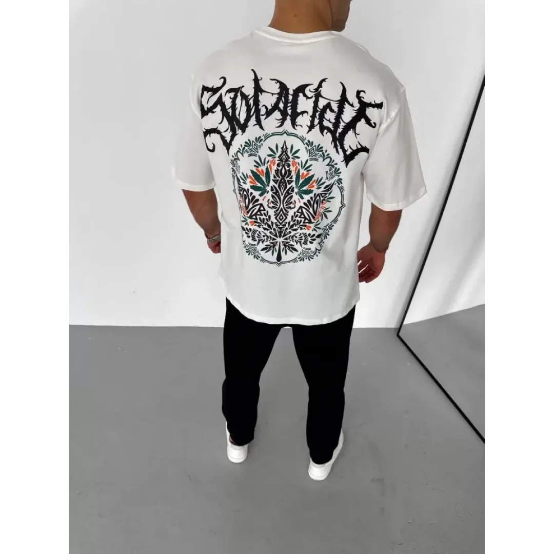 Unisex Bisiklet Yaka Baskılı Oversize T-Shirt - Beyaz - 106753