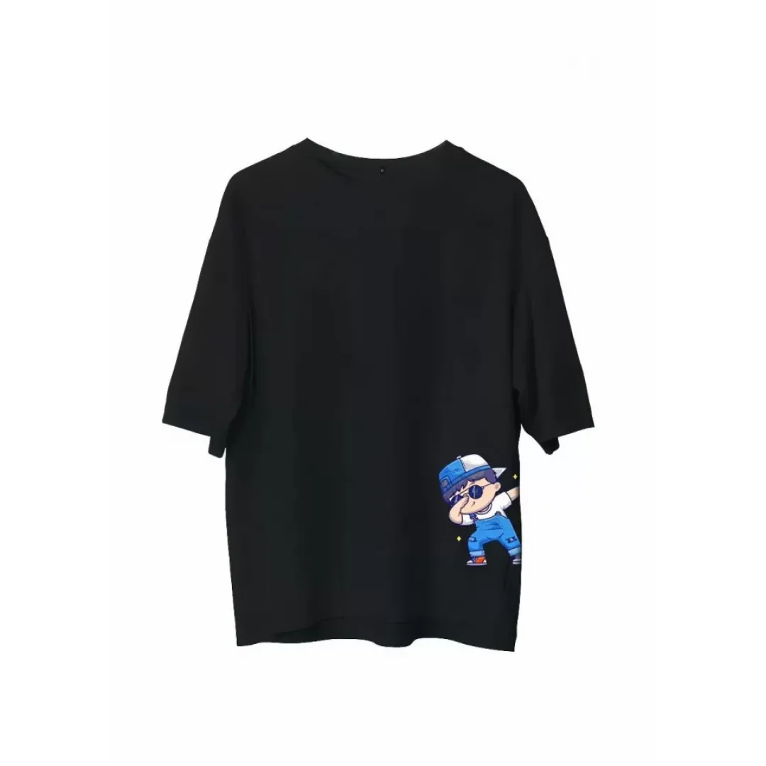 Unisex Bisiklet Yaka Baskılı Oversize T-Shirt - Siyah - 107794