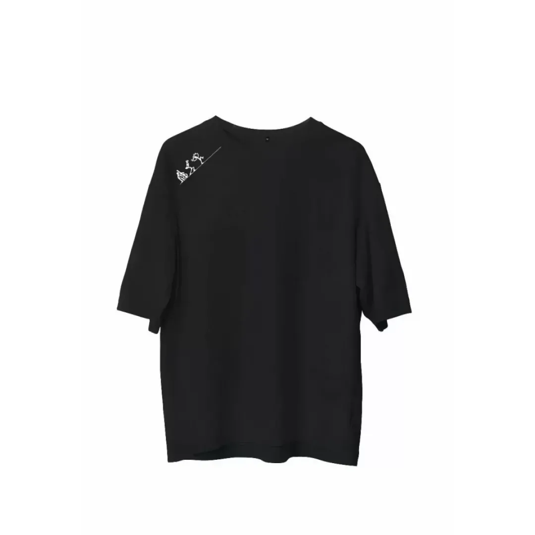 Unisex Bisiklet Yaka Baskılı Oversize T-Shirt - Siyah - 107796