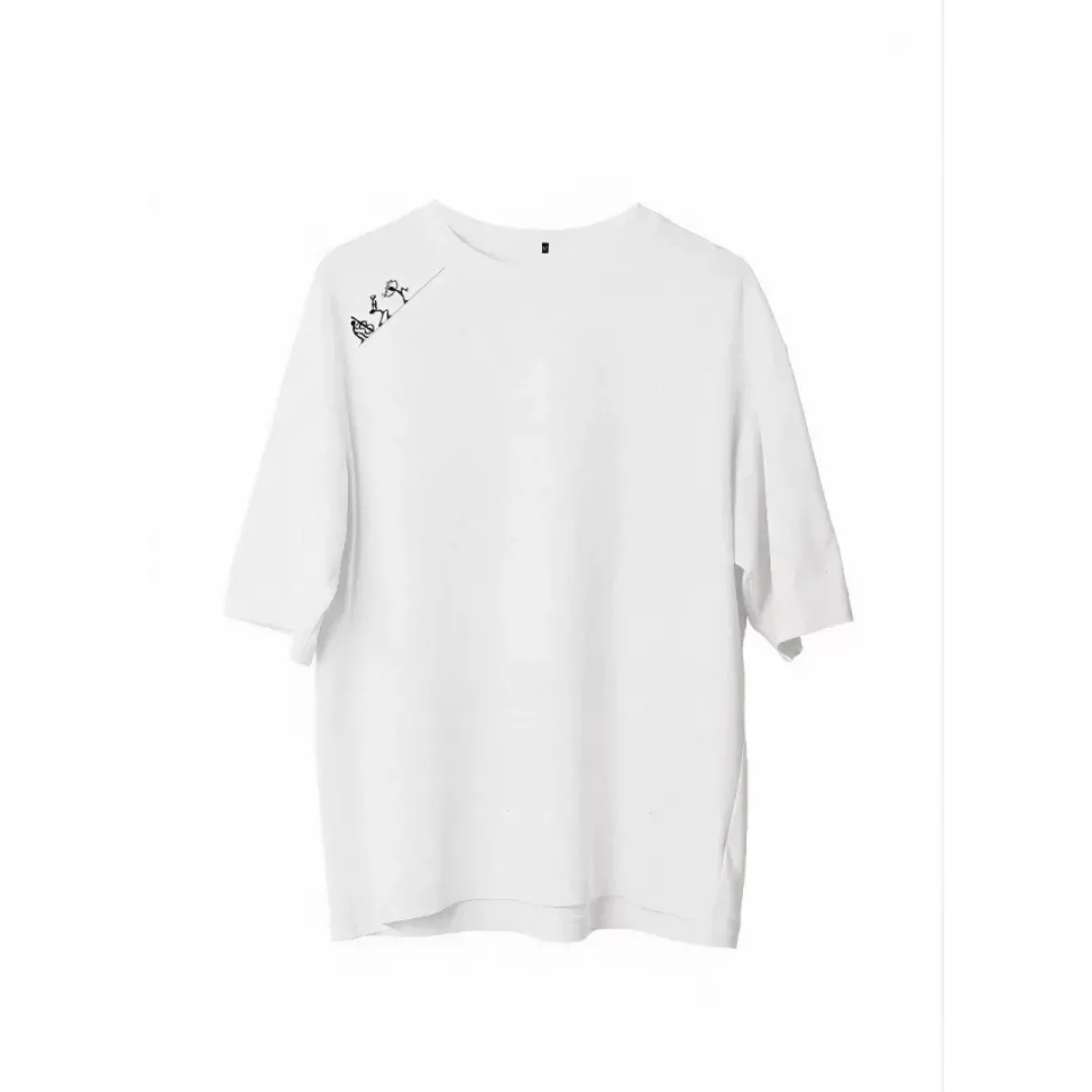 Unisex Bisiklet Yaka Baskılı Oversize T-Shirt - Beyaz - 107797