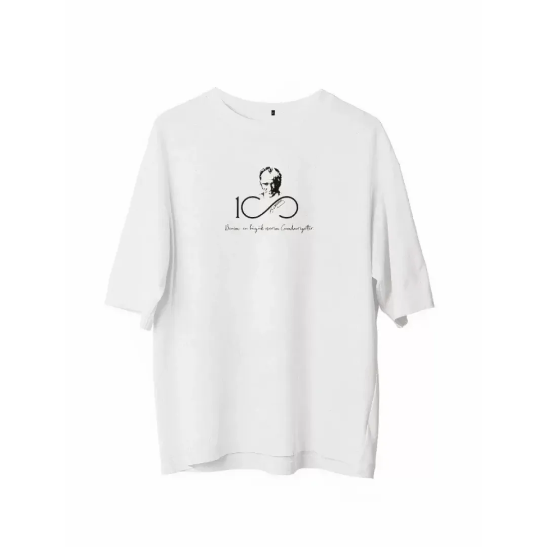 Unisex Bisiklet Yaka Baskılı Oversize T-Shirt - Beyaz - 107799 Unisex Bisiklet Yaka Baskılı Oversize T-Shirt - Beyaz - 107799