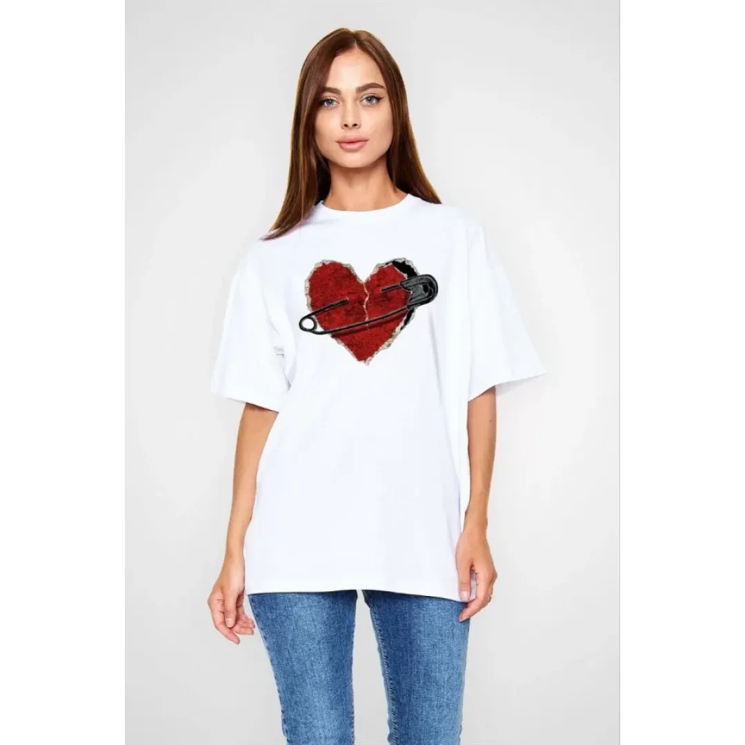Unisex Bisiklet Yaka Baskılı Oversize T-Shirt - Beyaz - 108568 Unisex Bisiklet Yaka Baskılı Oversize T-Shirt - Beyaz - 108568