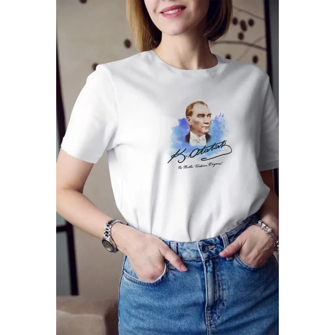 Unisex Bisiklet Yaka Baskılı Oversize T-Shirt - Beyaz - 108569