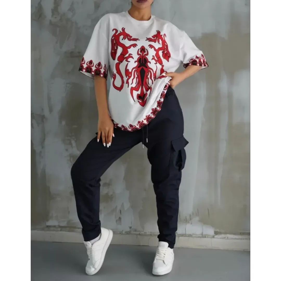 Unisex Bisiklet Yaka Baskılı Oversize T-Shirt - Beyaz - 108574 Unisex Bisiklet Yaka Baskılı Oversize T-Shirt - Beyaz - 108574