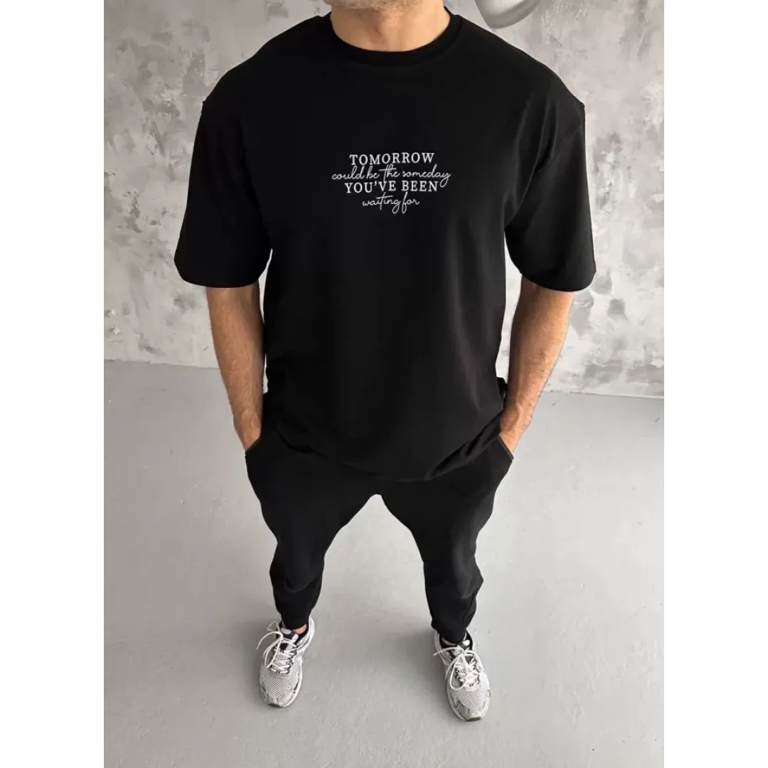Unisex Bisiklet Yaka Baskılı Oversize T-Shirt - Siyah - 108579 Unisex Bisiklet Yaka Baskılı Oversize T-Shirt - Siyah - 108579