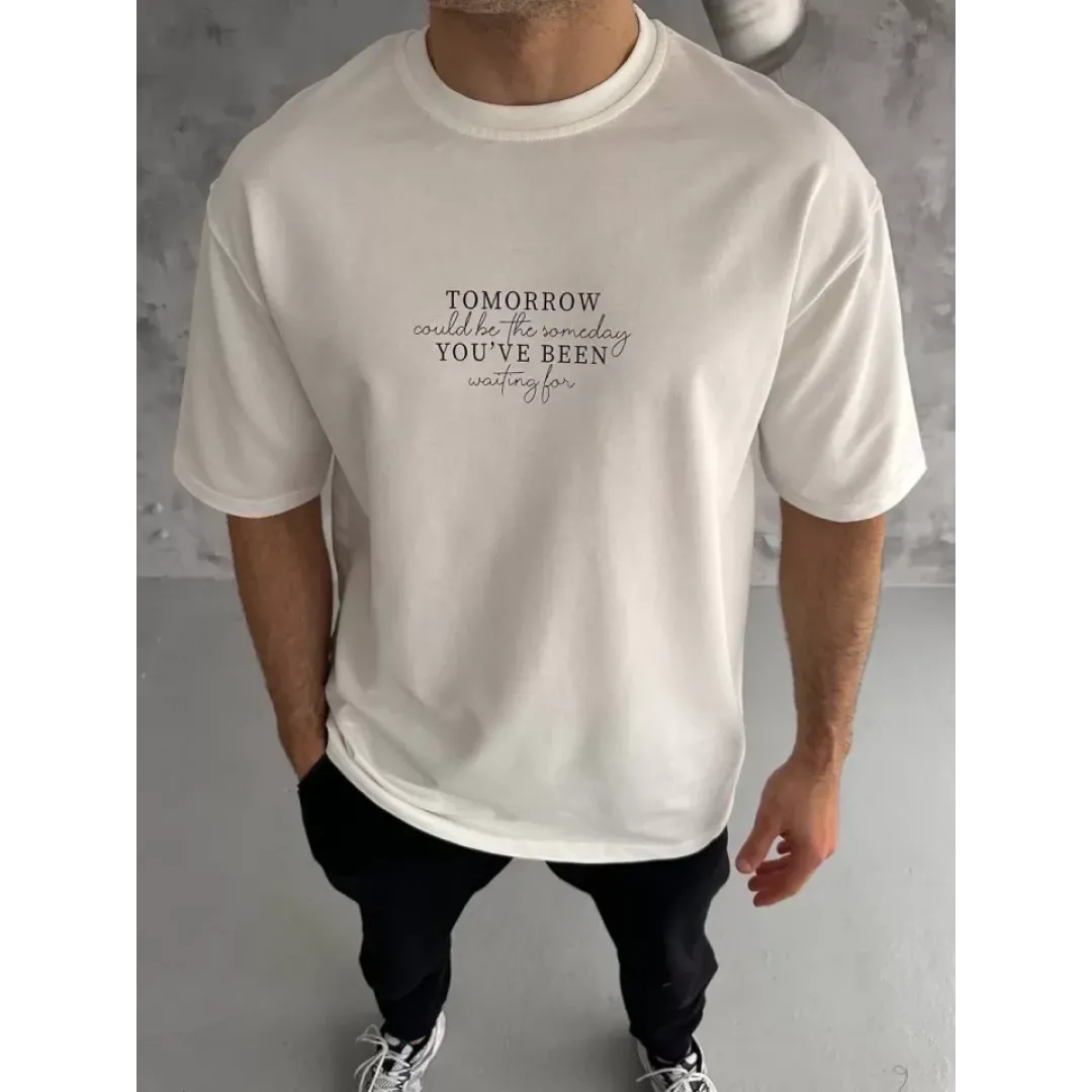 Unisex Bisiklet Yaka Baskılı Oversize T-Shirt - Beyaz - 108580