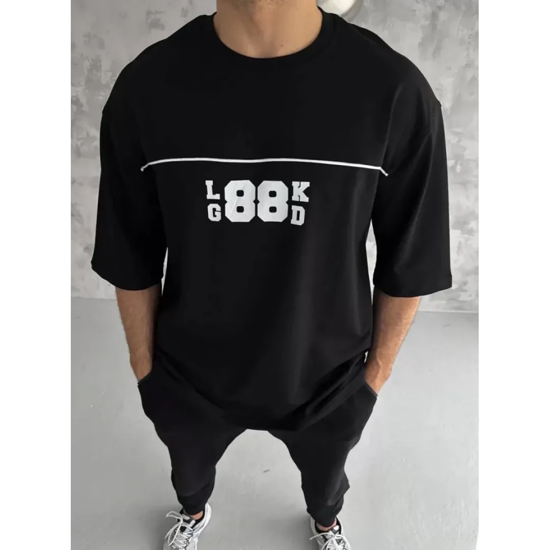 Unisex Bisiklet Yaka Baskılı Oversize T-Shirt - Siyah - 108581