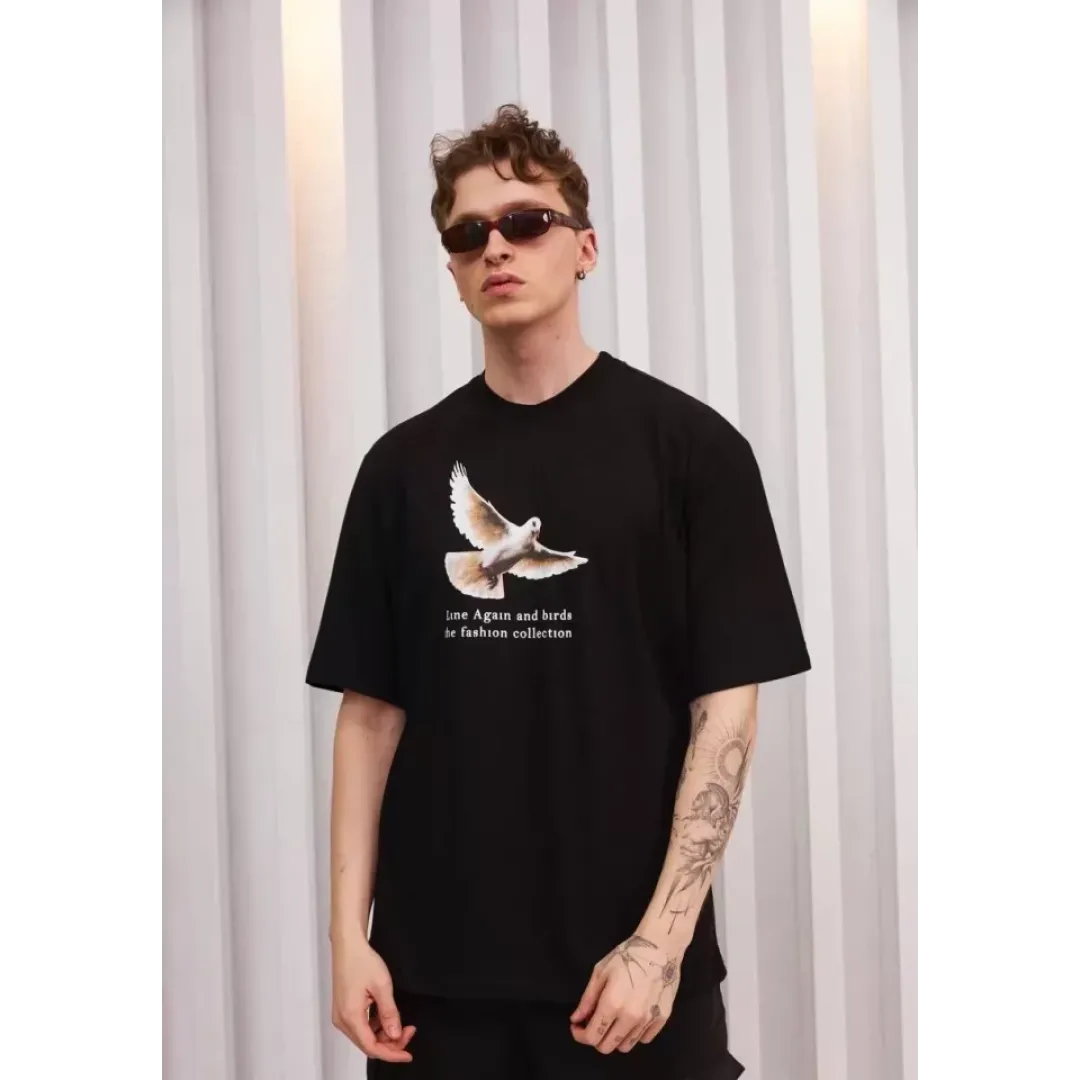Unisex Bisiklet Yaka Baskılı Oversize T-Shirt - Siyah - 108680 Unisex Bisiklet Yaka Baskılı Oversize T-Shirt - Siyah - 108680
