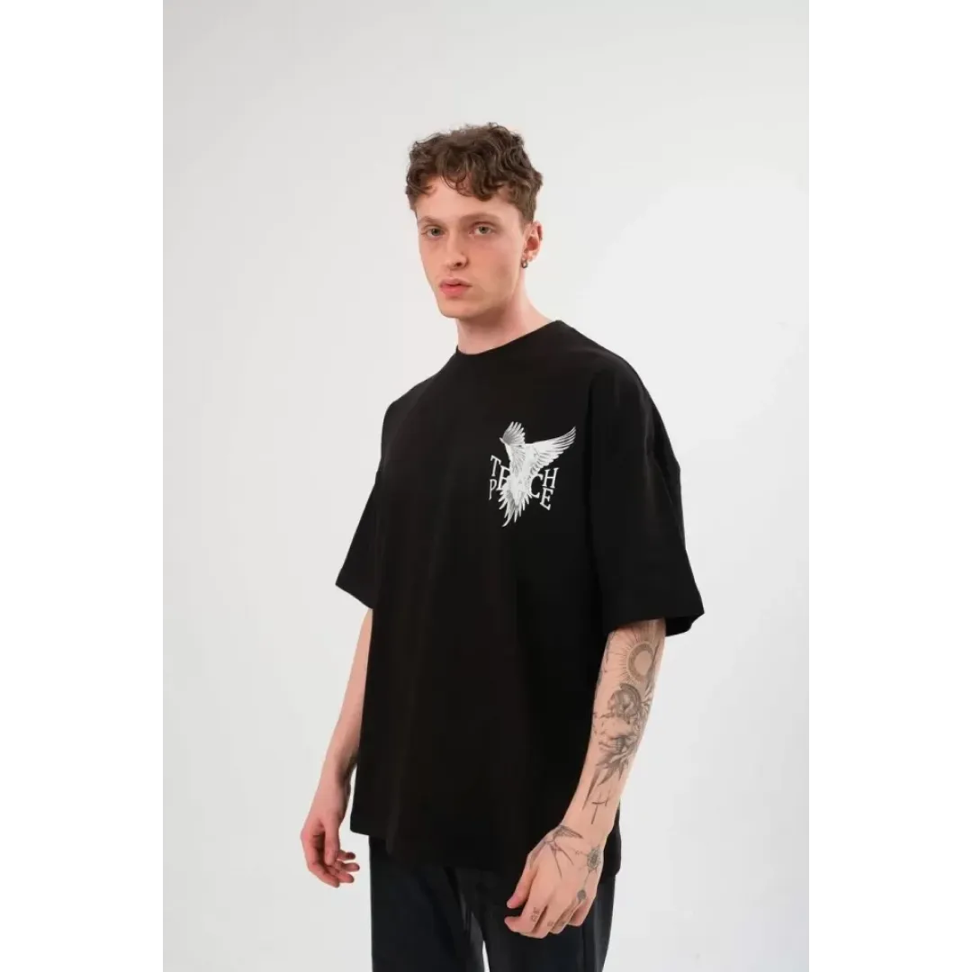 Unisex Bisiklet Yaka Baskılı Oversize T-Shirt - Siyah - 108682 Unisex Bisiklet Yaka Baskılı Oversize T-Shirt - Siyah - 108682