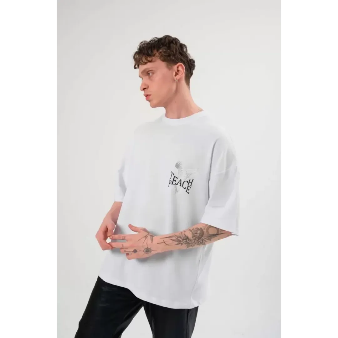 Unisex Bisiklet Yaka Baskılı Oversize T-Shirt - Beyaz - 108683 Unisex Bisiklet Yaka Baskılı Oversize T-Shirt - Beyaz - 108683