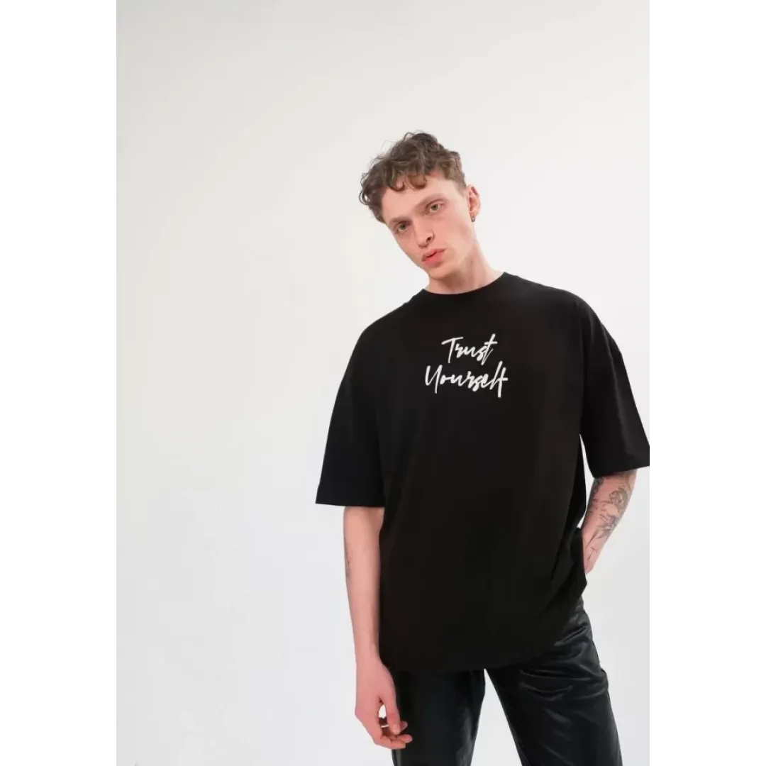 Unisex Bisiklet Yaka Baskılı Oversize T-Shirt - Siyah - 108686