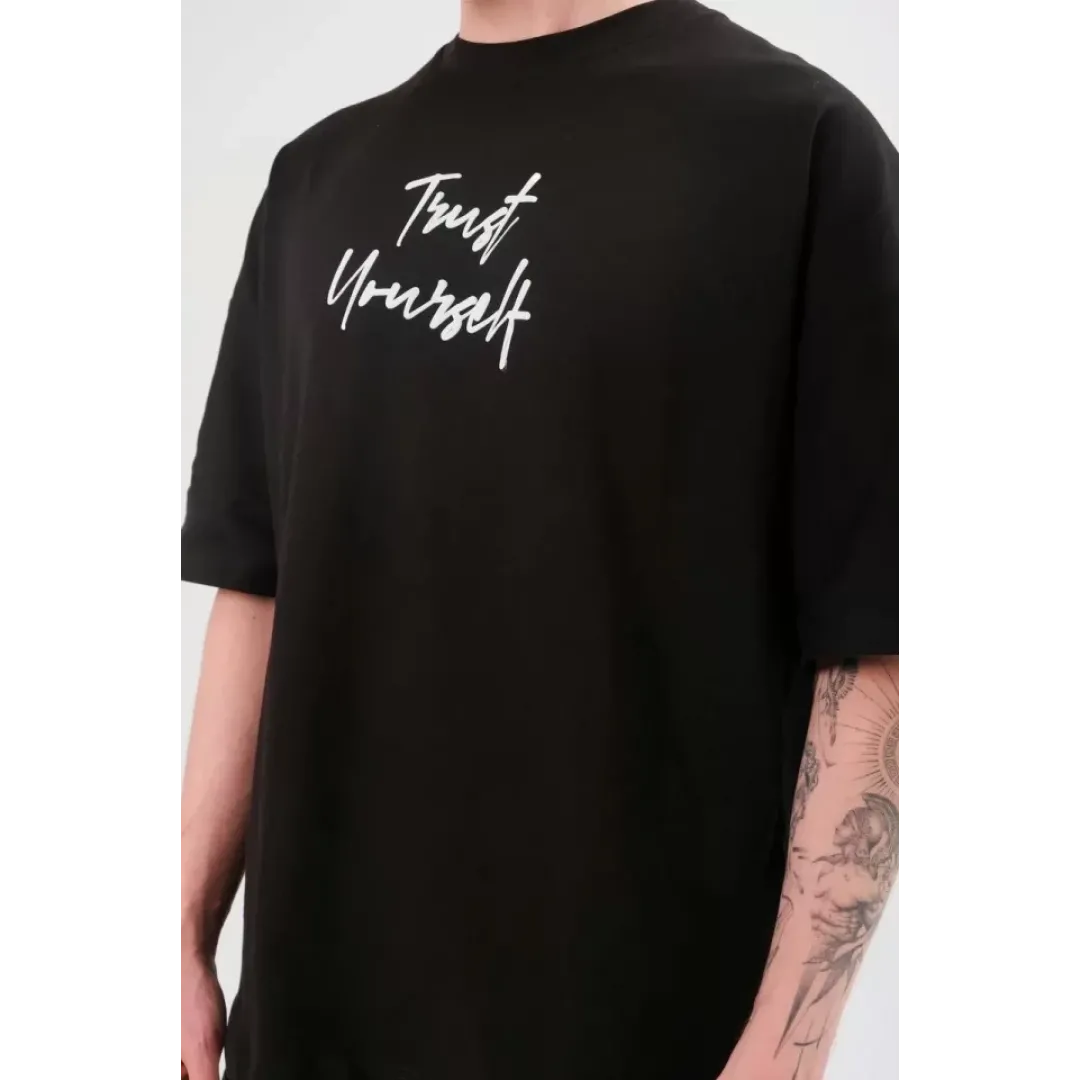 Unisex Bisiklet Yaka Baskılı Oversize T-Shirt - Siyah - 108686