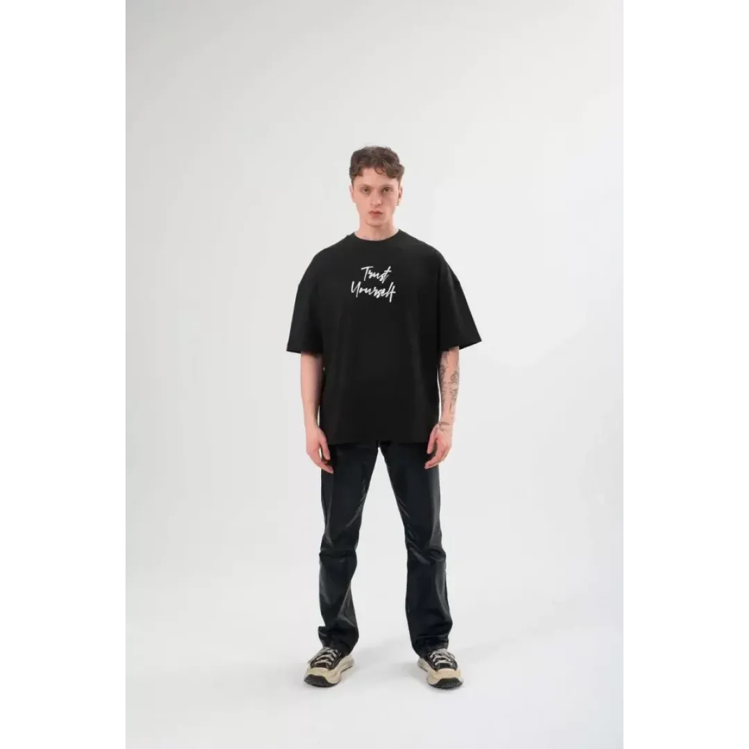 Unisex Bisiklet Yaka Baskılı Oversize T-Shirt - Siyah - 108686