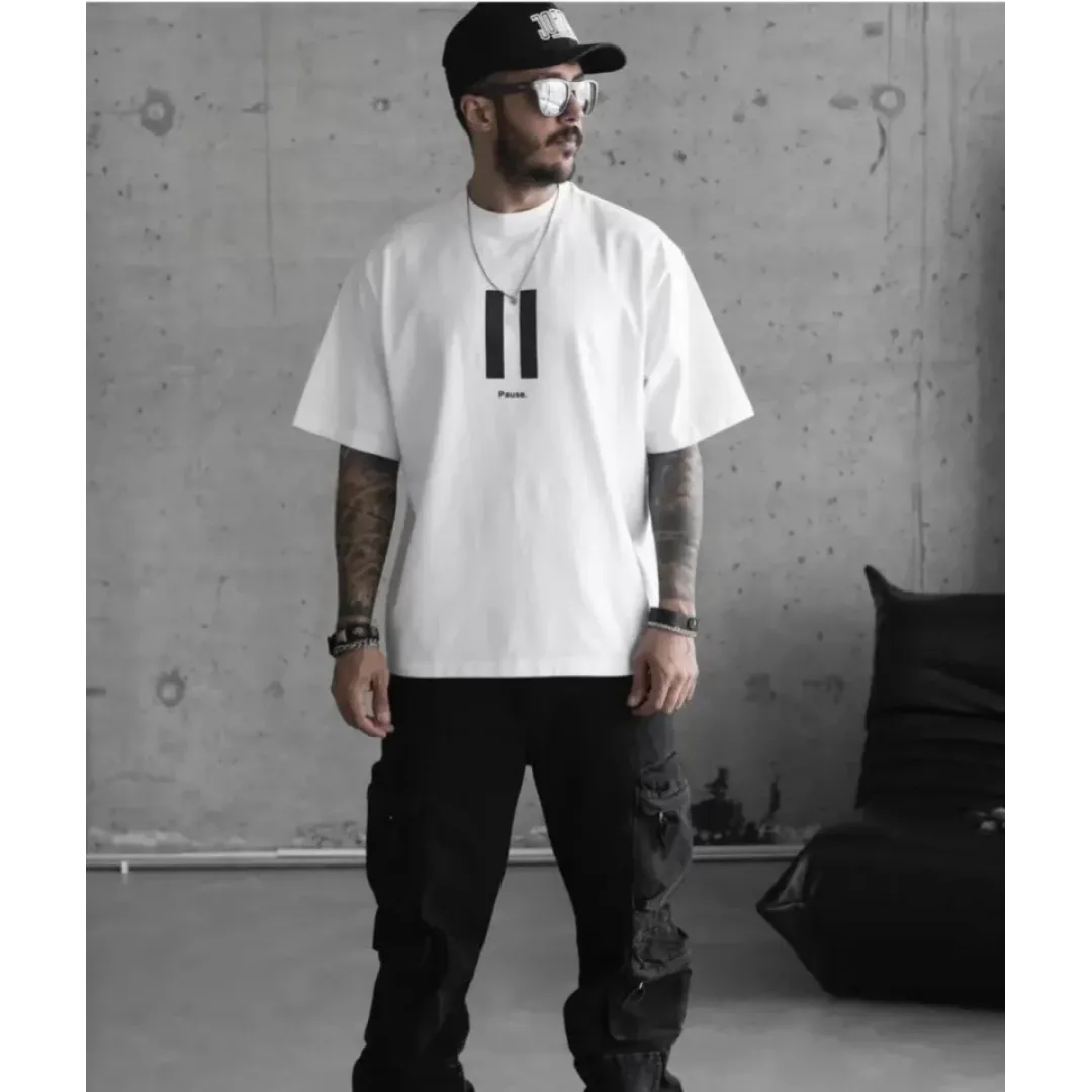 Unisex Bisiklet Yaka Baskılı Oversize T-Shirt - Beyaz - 109029 Unisex Bisiklet Yaka Baskılı Oversize T-Shirt - Beyaz - 109029