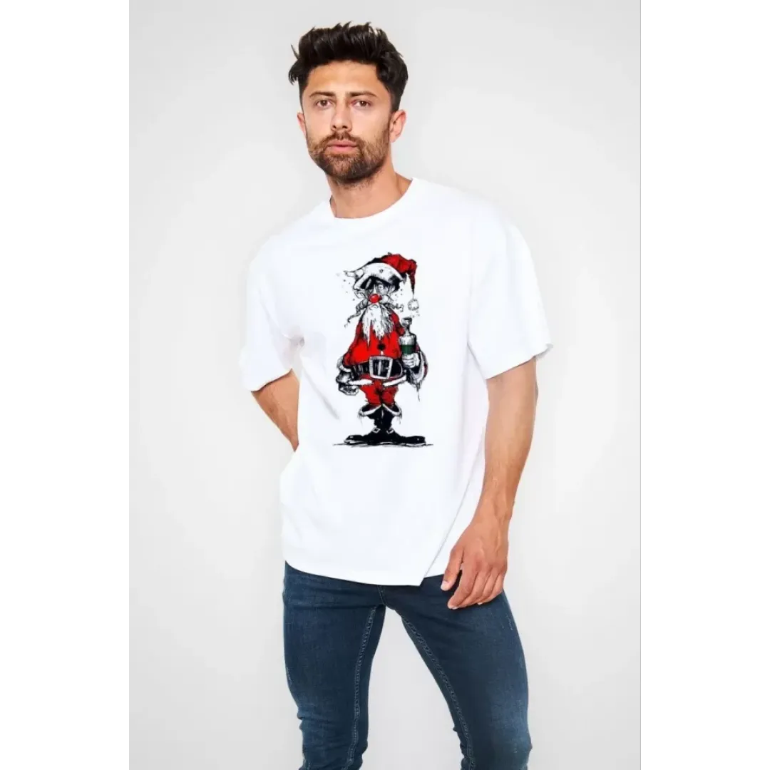 Unisex Bisiklet Yaka Baskılı Oversize T-Shirt - Beyaz - 109063