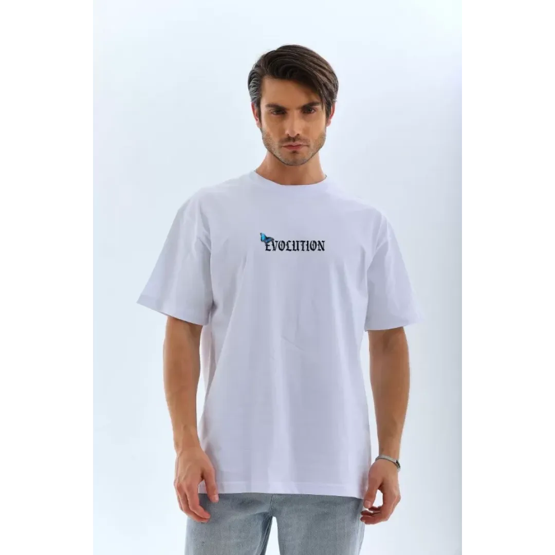 Unisex Bisiklet Yaka Baskılı Oversize T-Shirt - Beyaz - 109260