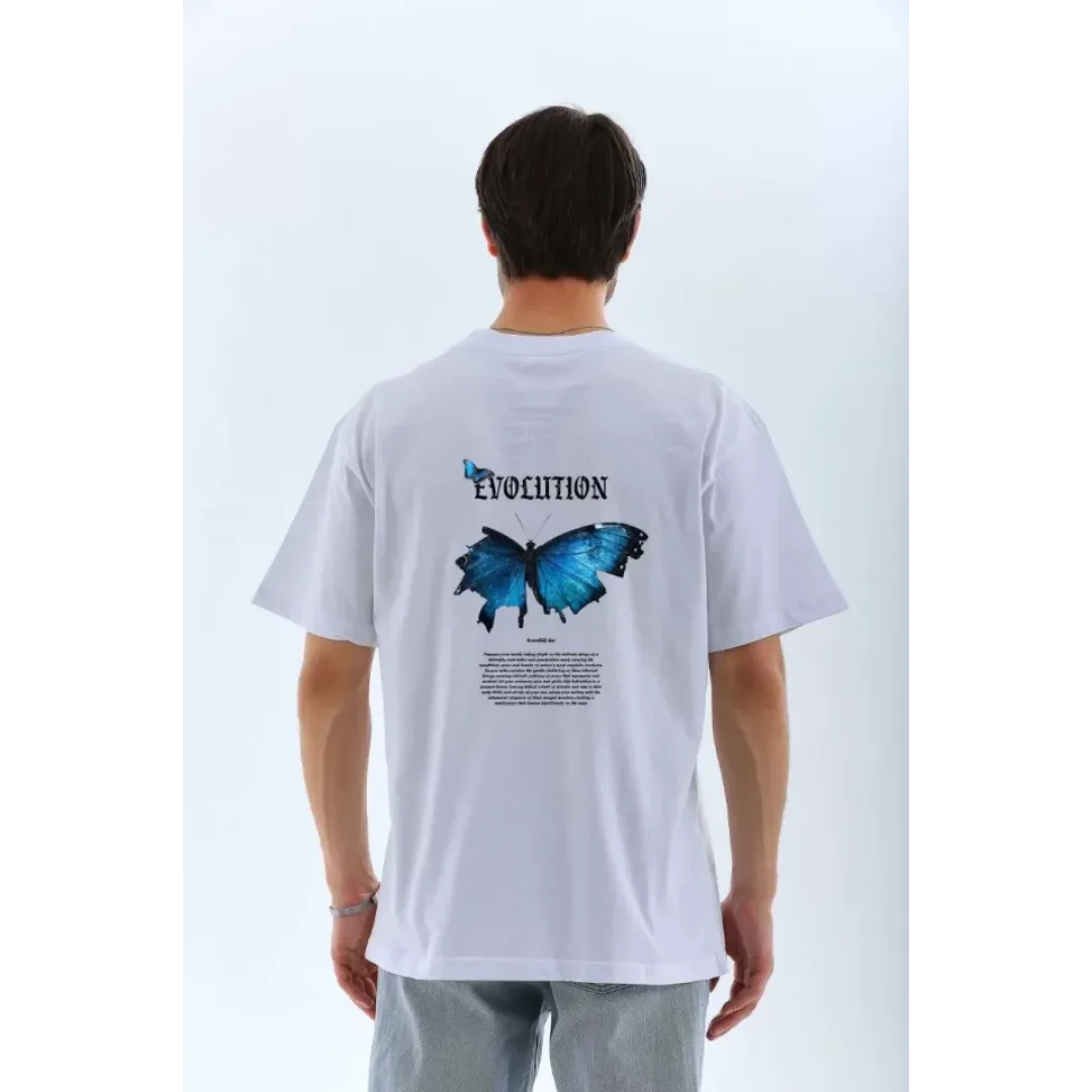 Unisex Bisiklet Yaka Baskılı Oversize T-Shirt - Beyaz - 109260