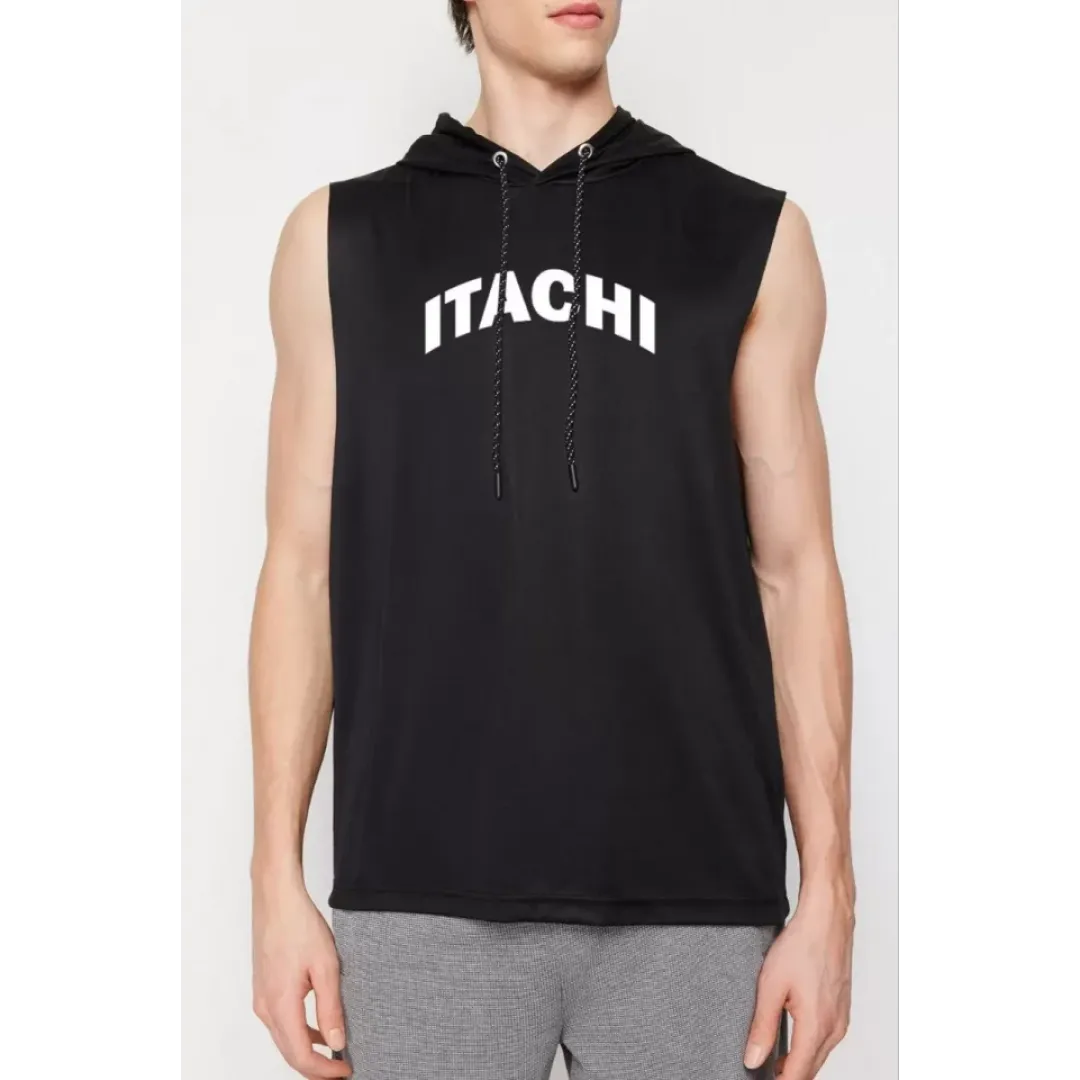 Unisex Kapşonlu Kolsuz Baskılı Oversize T-shirt - Siyah - 109287