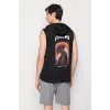 Unisex Kapşonlu Kolsuz Baskılı Oversize T-shirt - Siyah - 109287