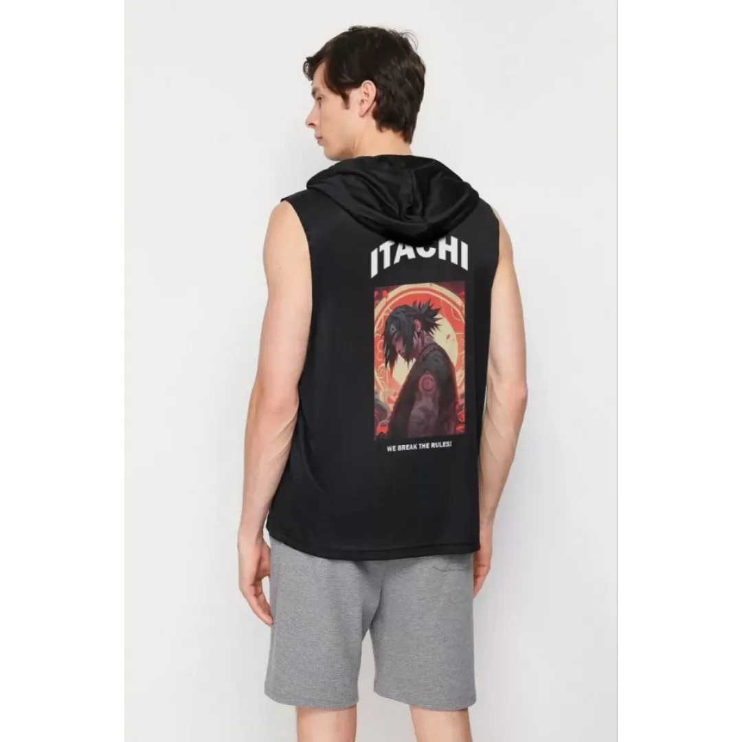 Unisex Kapşonlu Kolsuz Baskılı Oversize T-shirt - Siyah - 109287