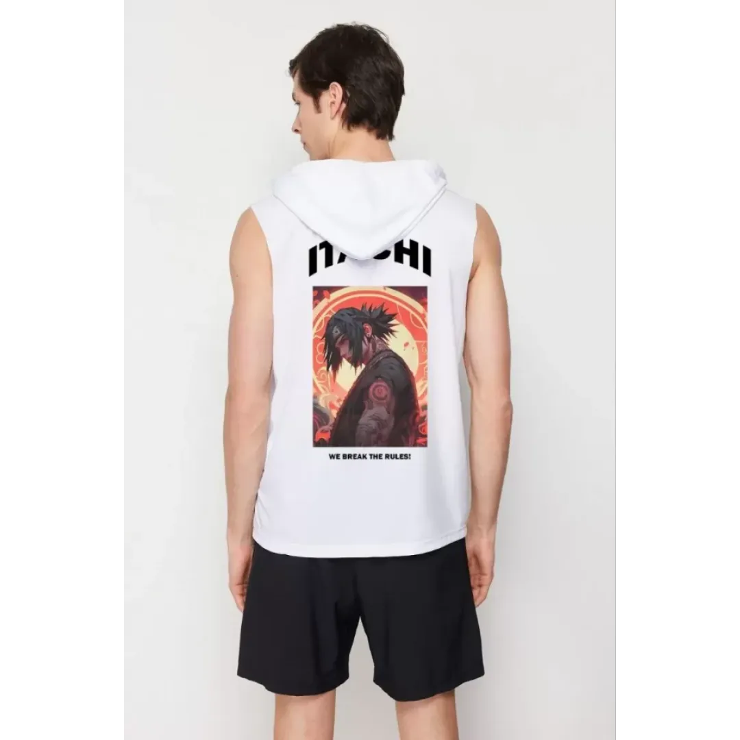 Unisex Kapşonlu Kolsuz Baskılı Oversize T-shirt - Beyaz - 109288 Unisex Kapşonlu Kolsuz Baskılı Oversize T-shirt - Beyaz - 109288