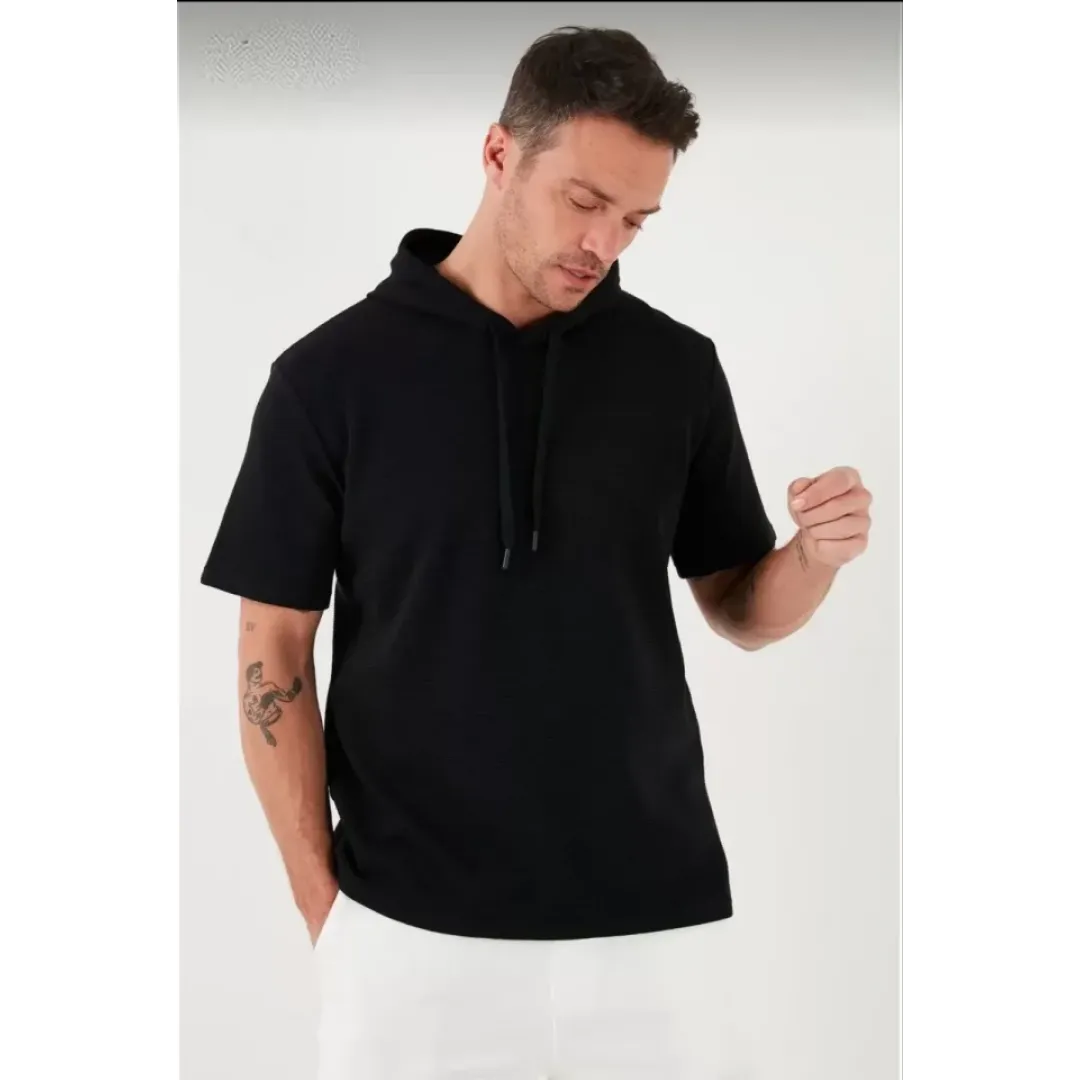 Unisex Kapşonlu Kısa Kol Düz Oversize T-shirt - Siyah - 109545 Unisex Kapşonlu Kısa Kol Düz Oversize T-shirt - Siyah - 109545