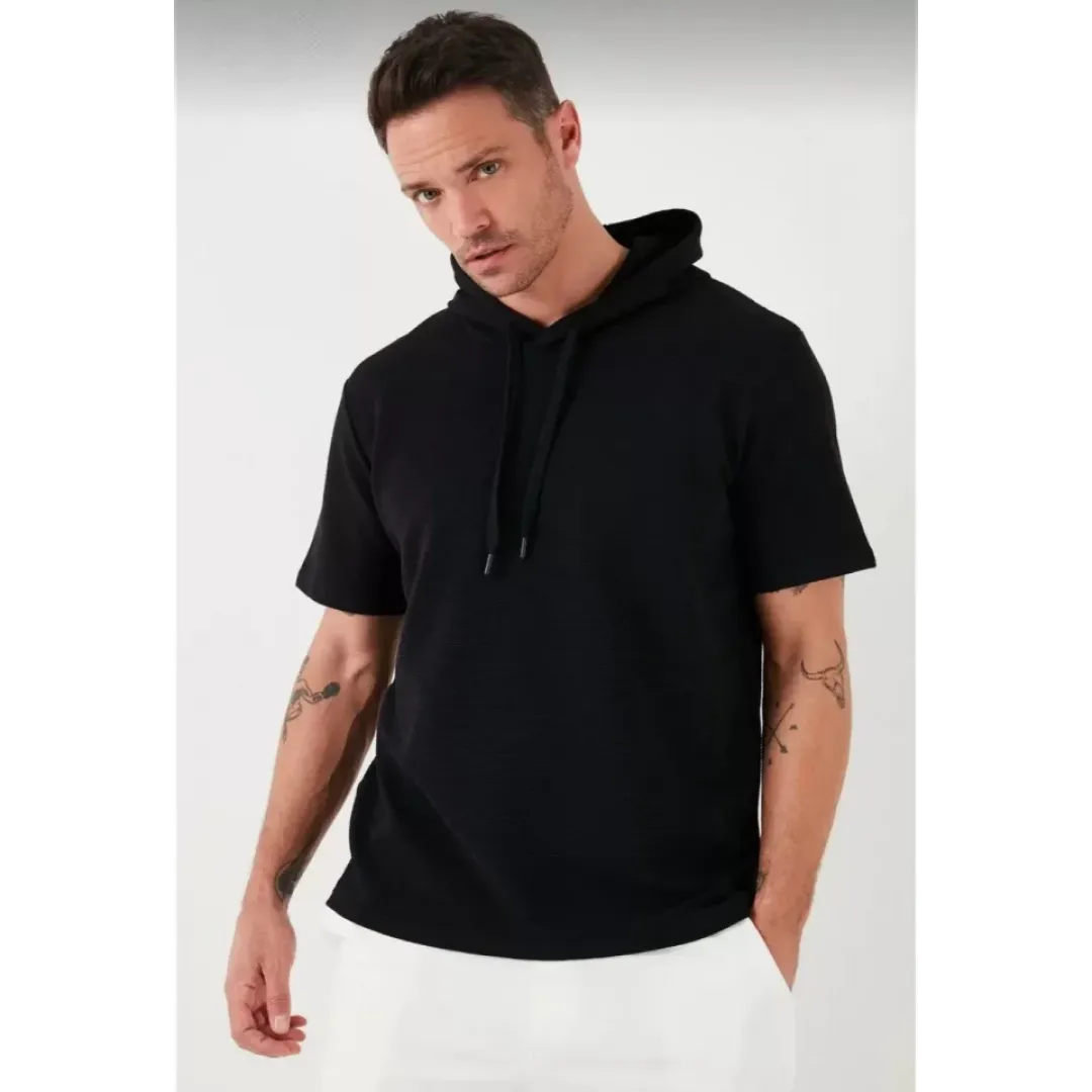 Unisex Kapşonlu Kısa Kol Düz Oversize T-shirt - Siyah - 109545 Unisex Kapşonlu Kısa Kol Düz Oversize T-shirt - Siyah - 109545