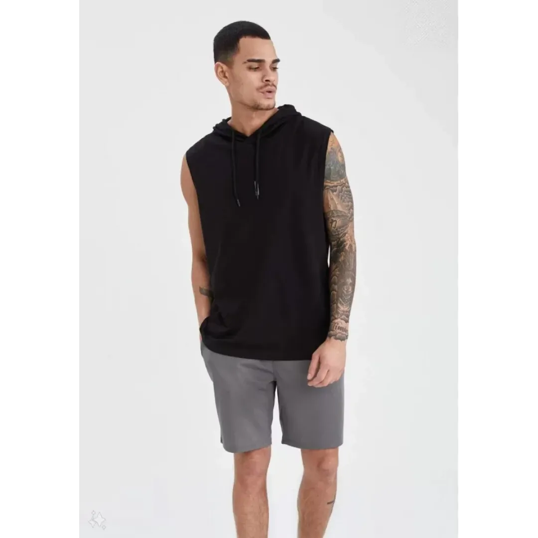 Unisex Kapşonlu Kolsuz Düz Oversize T-shirt - Siyah - 109547 Unisex Kapşonlu Kolsuz Düz Oversize T-shirt - Siyah - 109547