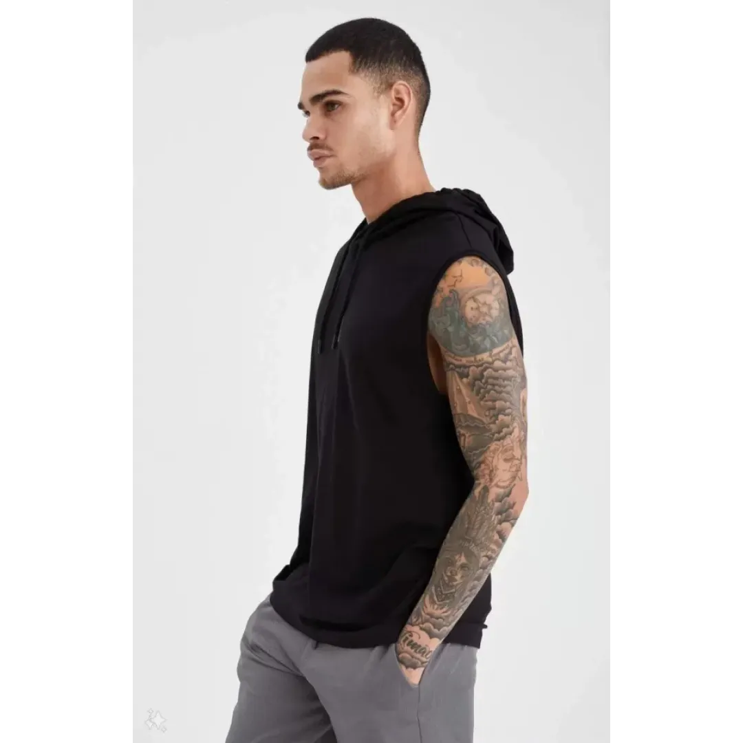 Unisex Kapşonlu Kolsuz Düz Oversize T-shirt - Siyah - 109547 Unisex Kapşonlu Kolsuz Düz Oversize T-shirt - Siyah - 109547