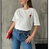 Unisex Bisiklet Yaka Baskılı Oversize T-Shirt - Beyaz - 109583