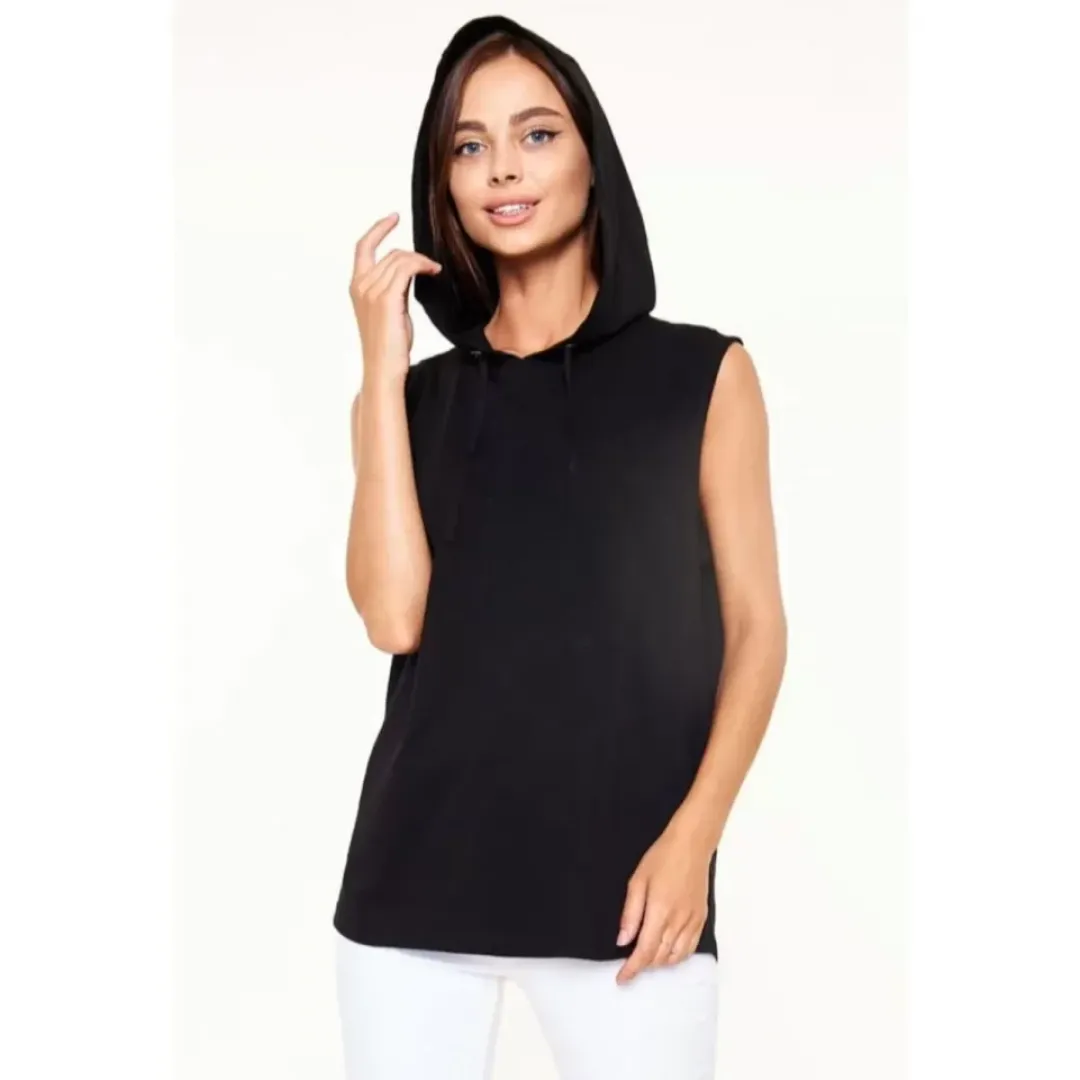 Unisex Kapşonlu Kolsuz Düz Oversize T-shirt - Siyah - 109782 Unisex Kapşonlu Kolsuz Düz Oversize T-shirt - Siyah - 109782