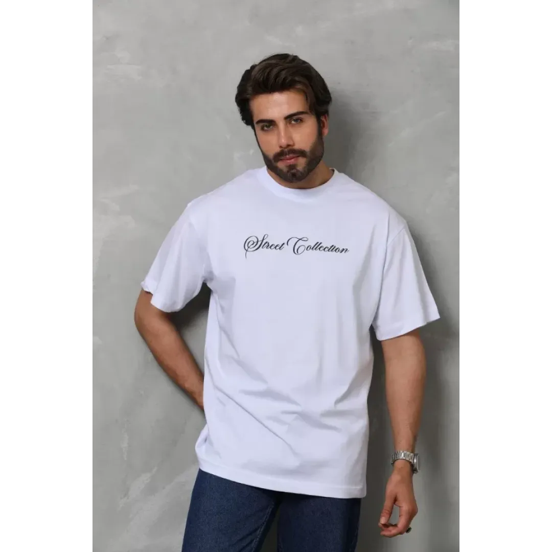 Unisex Bisiklet Yaka Baskılı Oversize T-Shirt - Beyaz - 110542 Unisex Bisiklet Yaka Baskılı Oversize T-Shirt - Beyaz - 110542