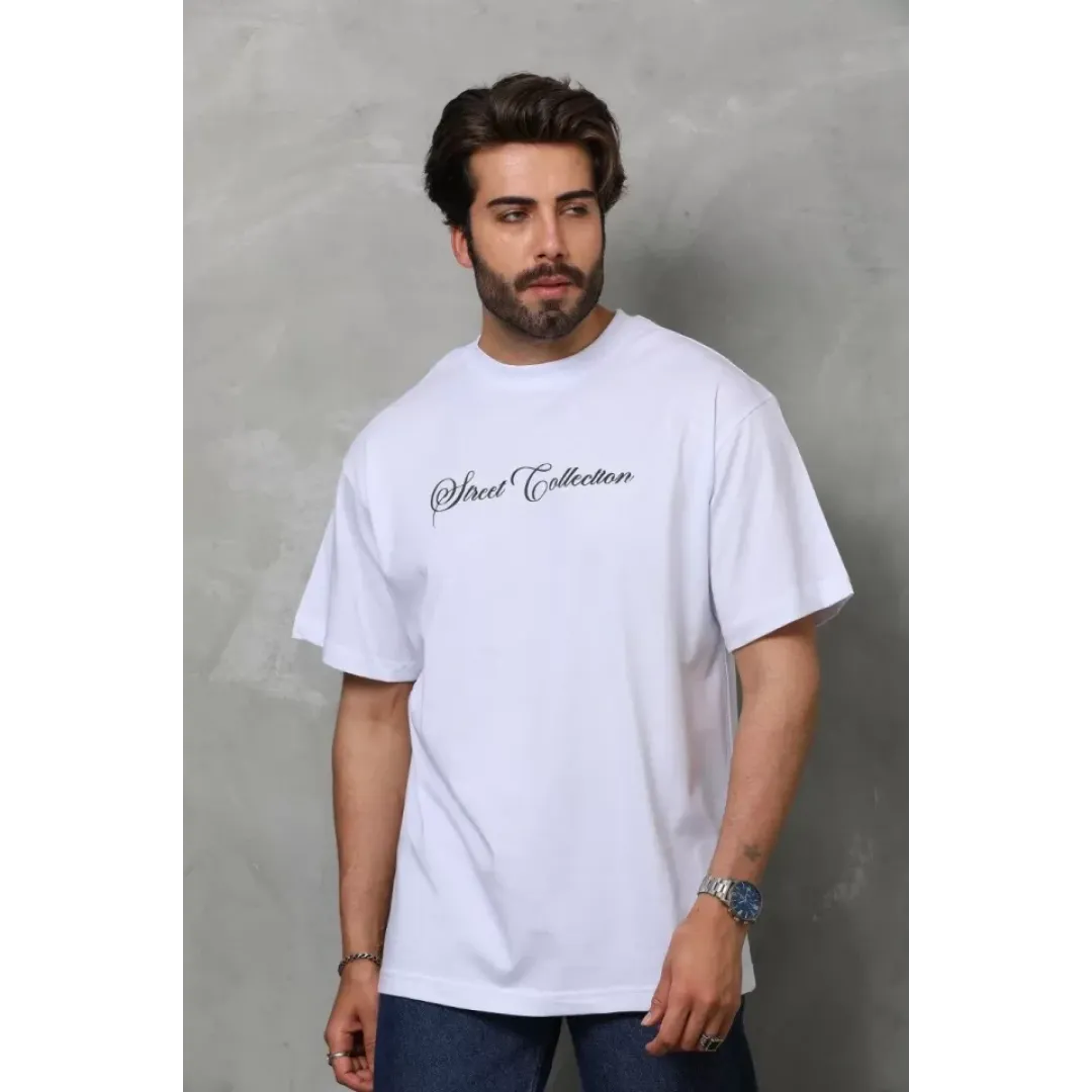 Unisex Bisiklet Yaka Baskılı Oversize T-Shirt - Beyaz - 110542 Unisex Bisiklet Yaka Baskılı Oversize T-Shirt - Beyaz - 110542