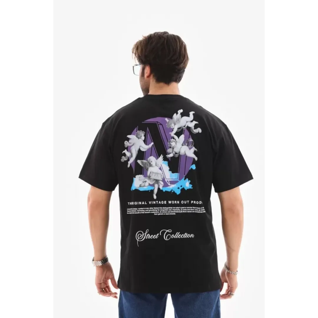 Unisex Bisiklet Yaka Baskılı Oversize T-Shirt - Siyah - 110543 Unisex Bisiklet Yaka Baskılı Oversize T-Shirt - Siyah - 110543