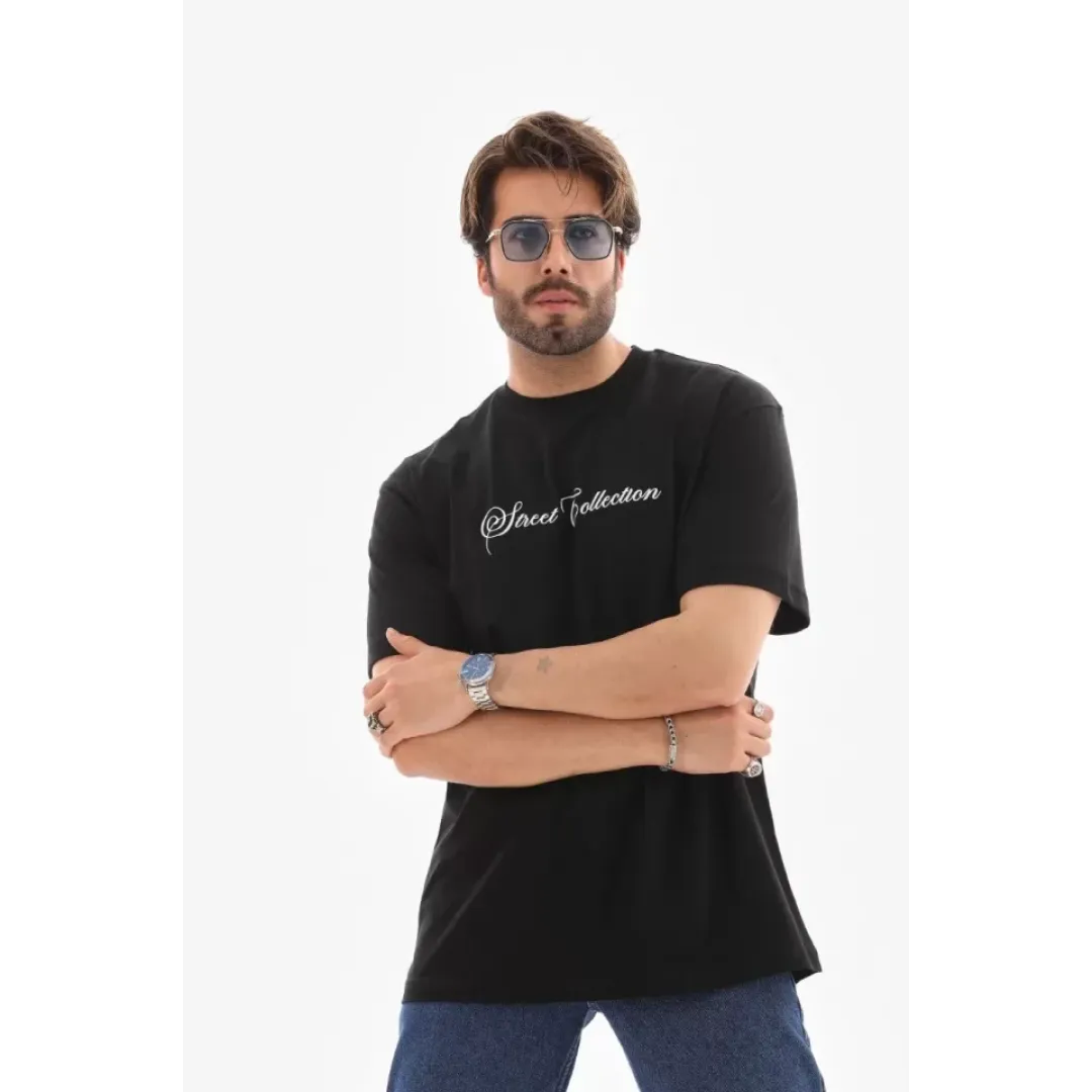 Unisex Bisiklet Yaka Baskılı Oversize T-Shirt - Siyah - 110543 Unisex Bisiklet Yaka Baskılı Oversize T-Shirt - Siyah - 110543
