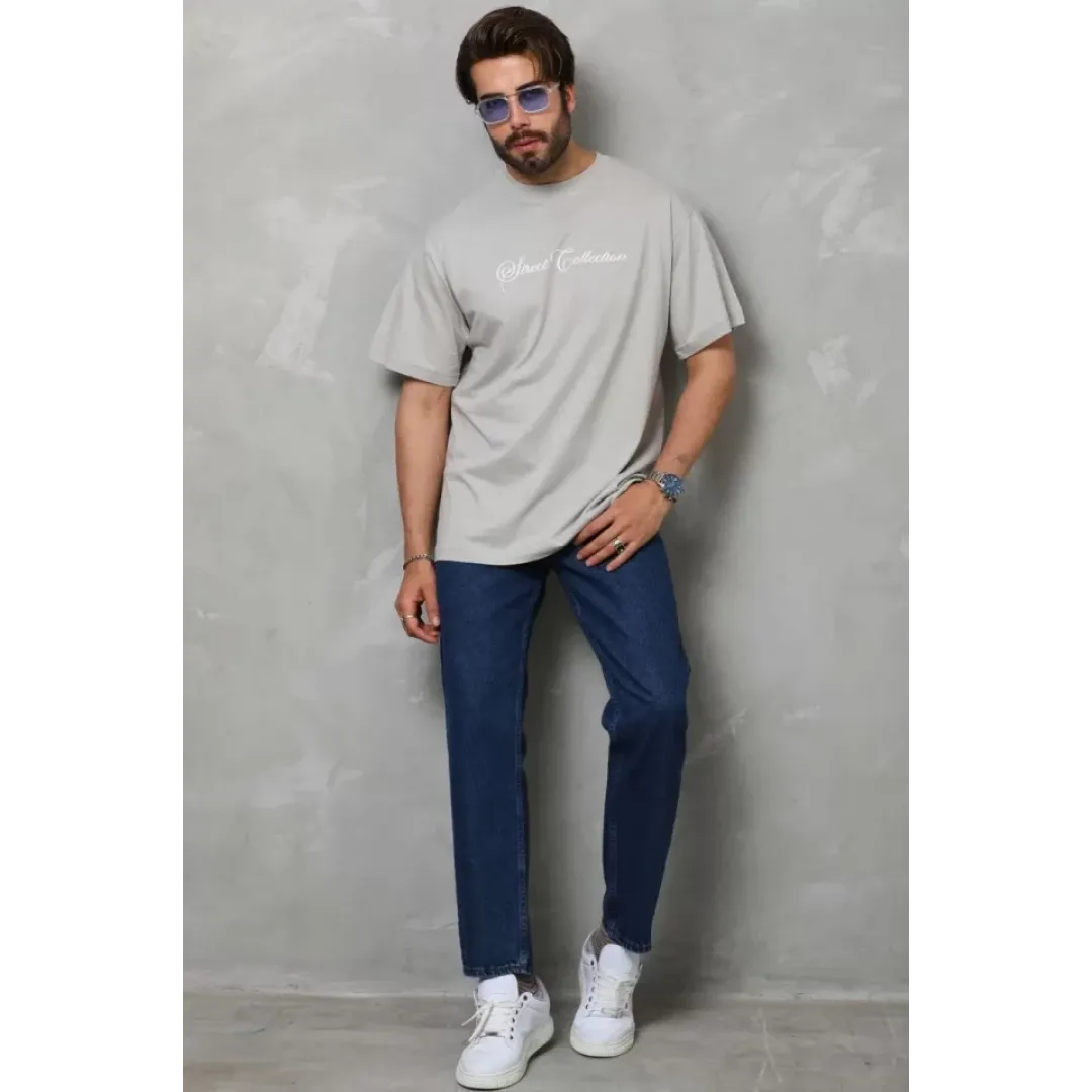 Unisex Bisiklet Yaka Baskılı Oversize T-Shirt - Gri - 110544 Unisex Bisiklet Yaka Baskılı Oversize T-Shirt - Gri - 110544