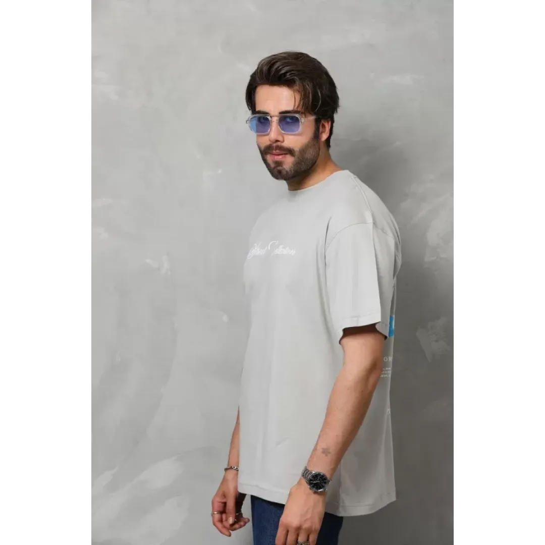 Unisex Bisiklet Yaka Baskılı Oversize T-Shirt - Gri - 110544 Unisex Bisiklet Yaka Baskılı Oversize T-Shirt - Gri - 110544