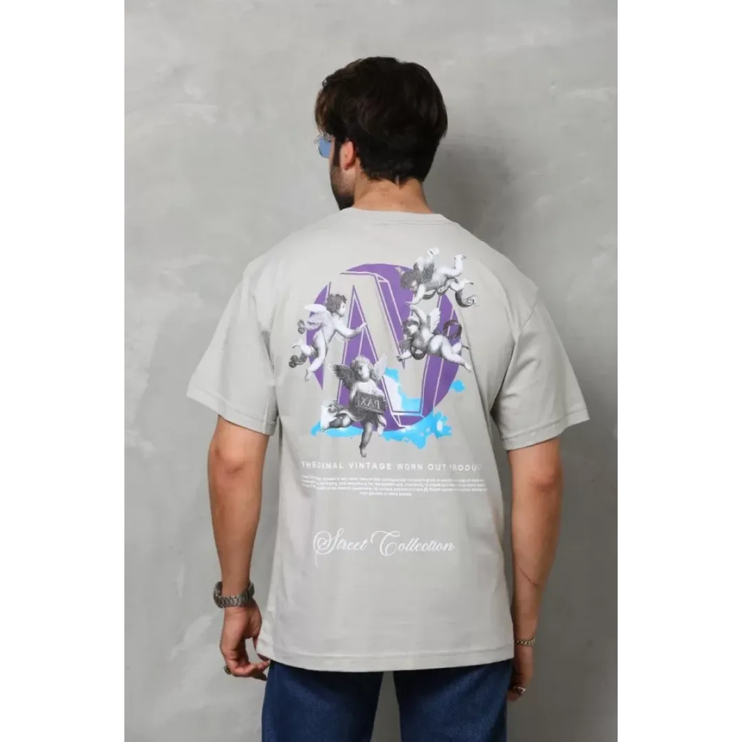 Unisex Bisiklet Yaka Baskılı Oversize T-Shirt - Gri - 110544 Unisex Bisiklet Yaka Baskılı Oversize T-Shirt - Gri - 110544