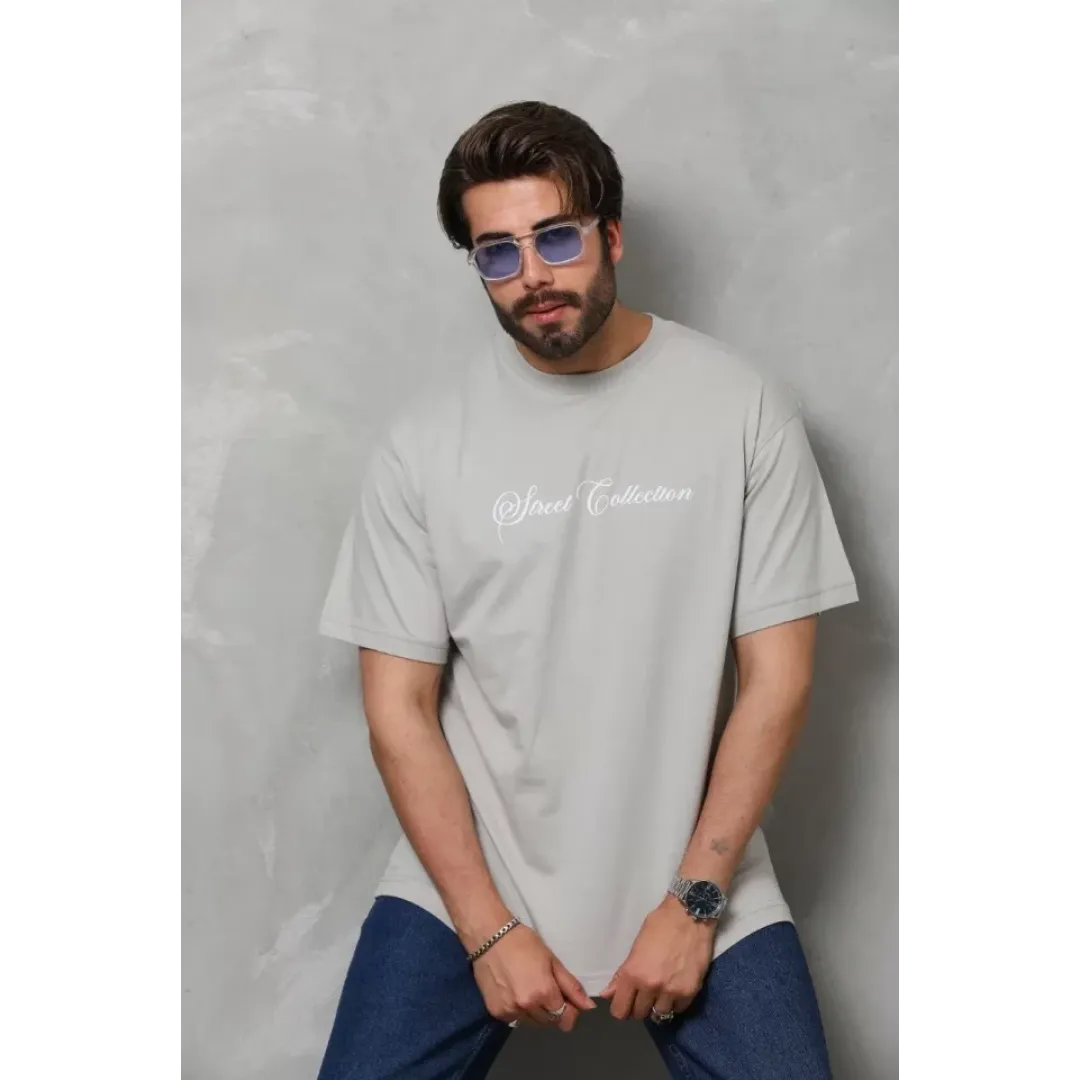 Unisex Bisiklet Yaka Baskılı Oversize T-Shirt - Gri - 110544 Unisex Bisiklet Yaka Baskılı Oversize T-Shirt - Gri - 110544