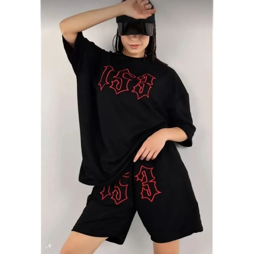 Unisex Nakış İşlemeli Şort Takım - Siyah - 110666 Unisex Nakış İşlemeli Şort Takım - Siyah - 110666