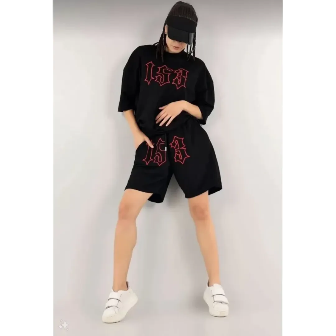 Unisex Nakış İşlemeli Şort Takım - Siyah - 110666 Unisex Nakış İşlemeli Şort Takım - Siyah - 110666