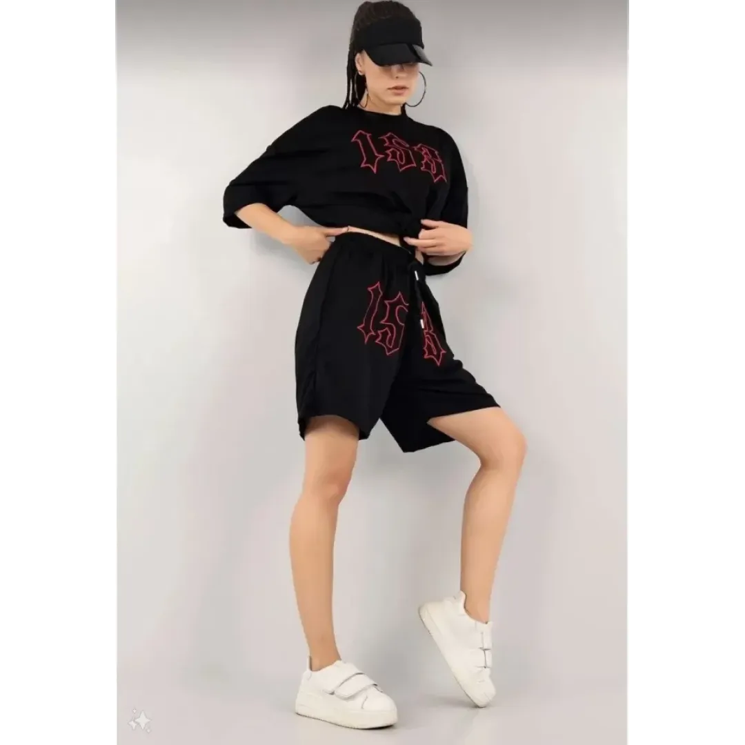 Unisex Nakış İşlemeli Şort Takım - Siyah - 110666 Unisex Nakış İşlemeli Şort Takım - Siyah - 110666